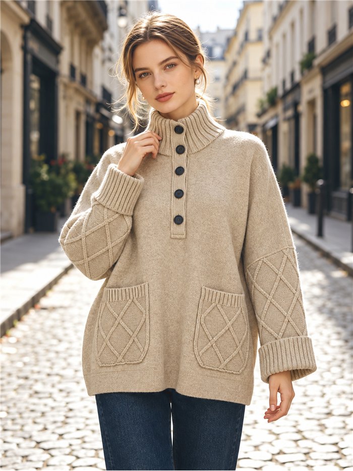 Pull oversize à motif losanges et col boutonné