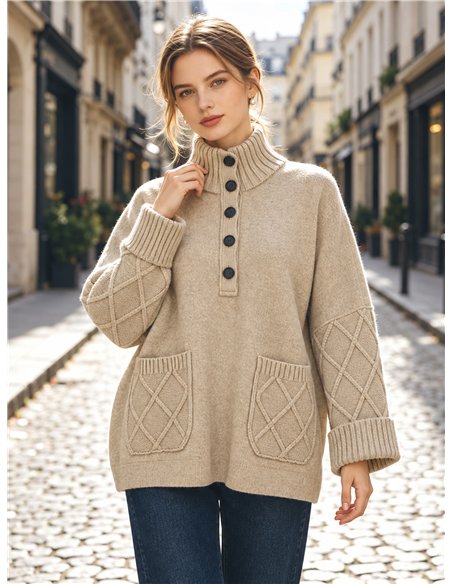 Pull oversize à motif losanges et col boutonné