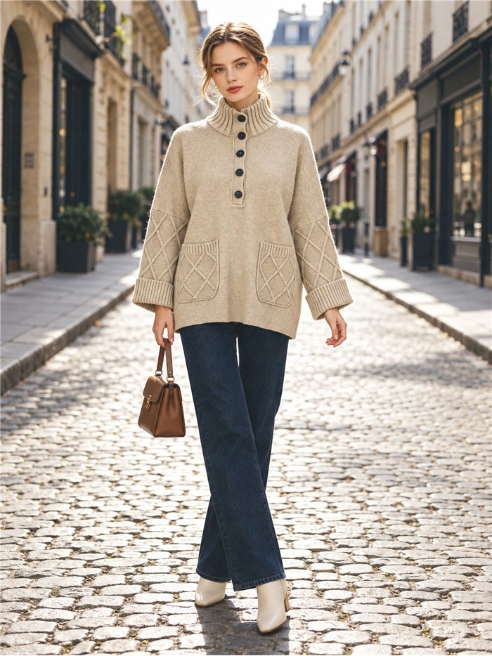 Pull oversize à motif losanges et col boutonné