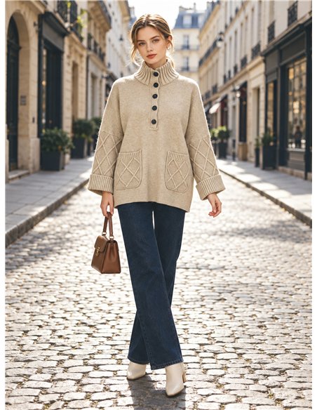 Pull oversize à motif losanges et col boutonné
