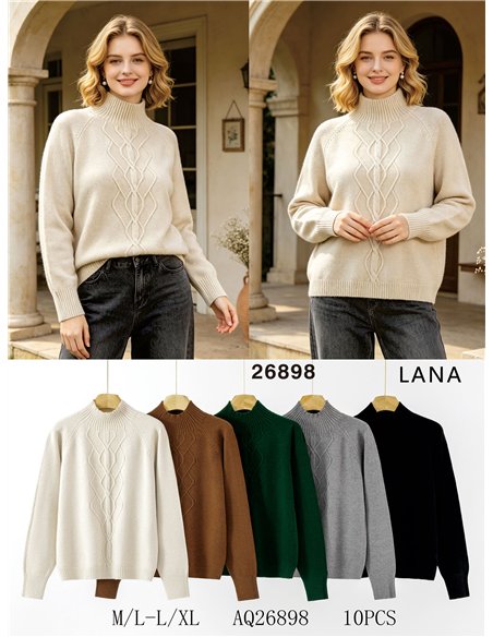 Maglione a collo alto con treccia centrale