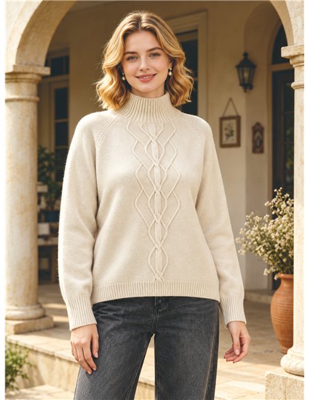 Maglione a collo alto con treccia centrale