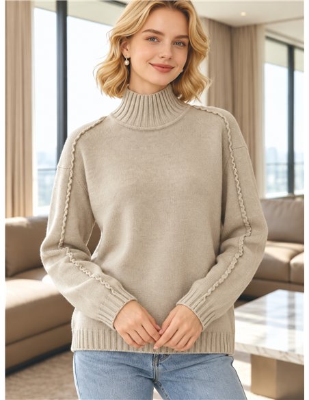Wool blend high neck detail sweater