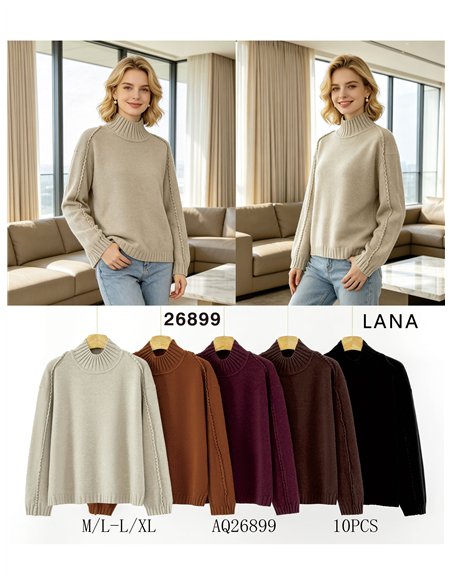 Wool blend high neck detail sweater