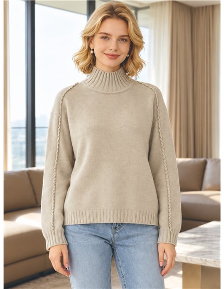 Wool blend high neck detail sweater