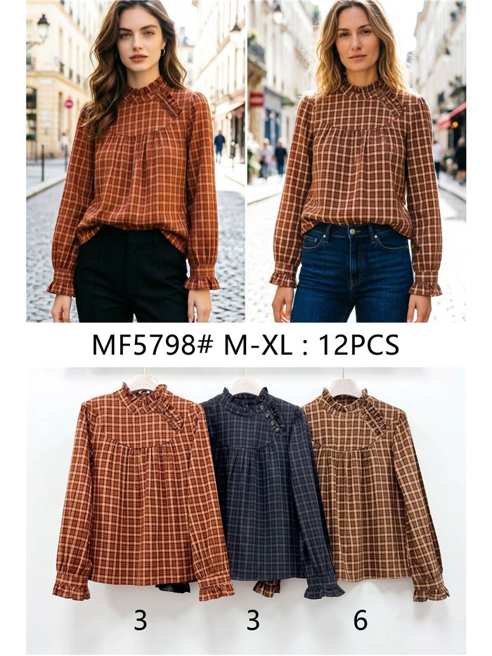 Blusa de cuadros con cuello volante