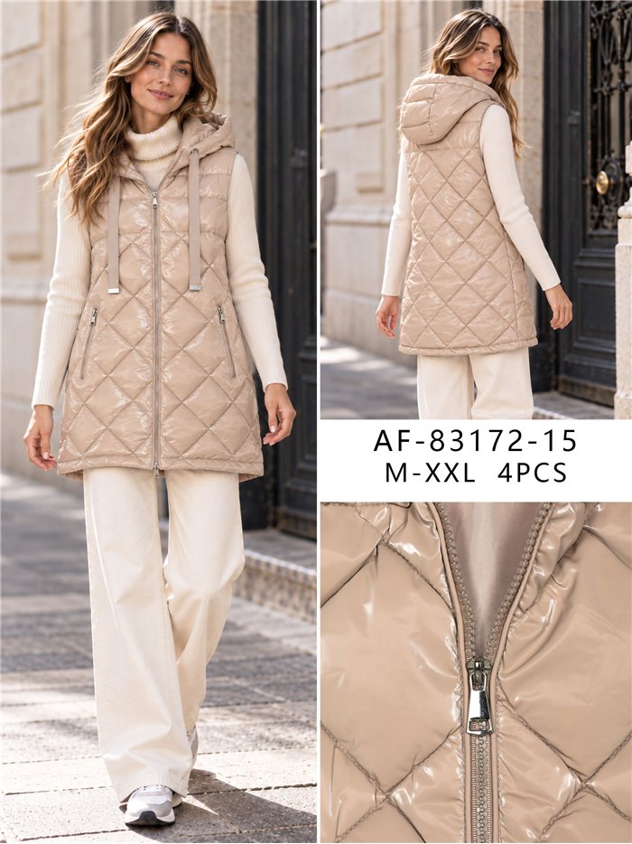 Chaleco largo acharolado capucha water repellent