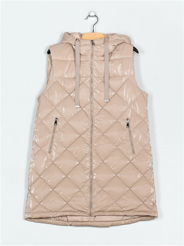 Chaleco largo acharolado capucha water repellent
