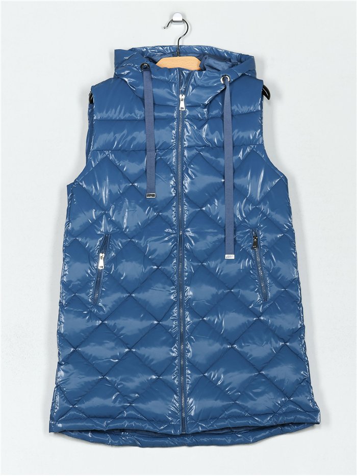 Chaleco largo acharolado capucha water repellent