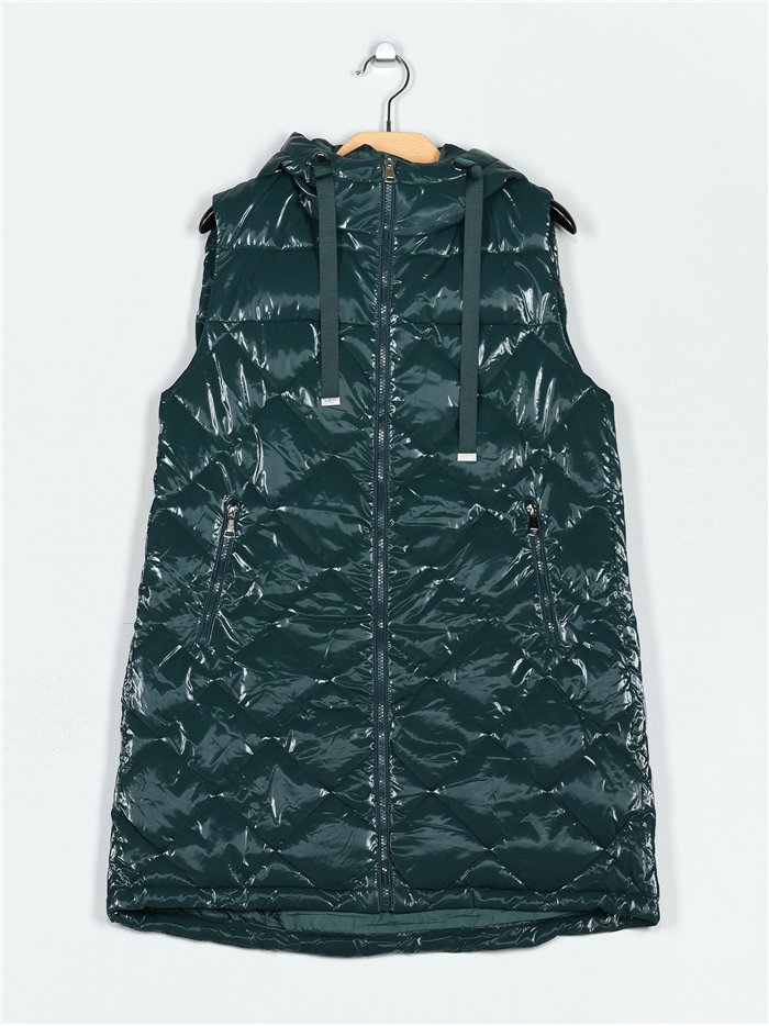 Chaleco largo acharolado capucha water repellent