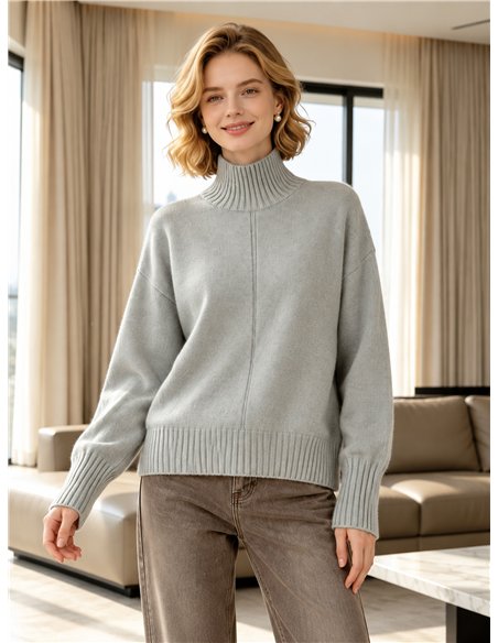 Jersey de punto con lana cuello vuelto costura central