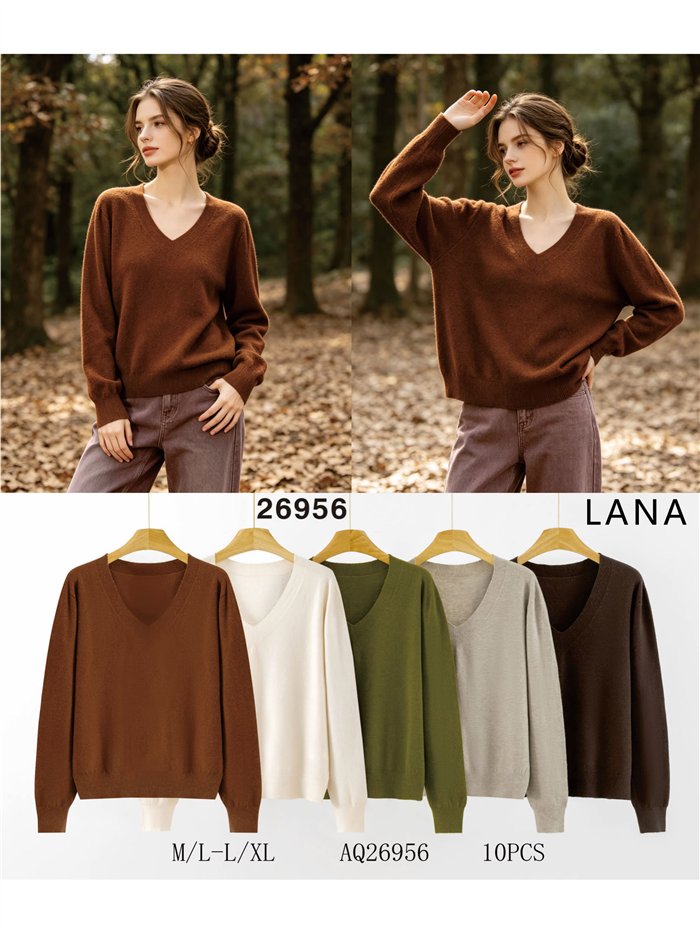 Jersey básico de punto con lana cuello pico
