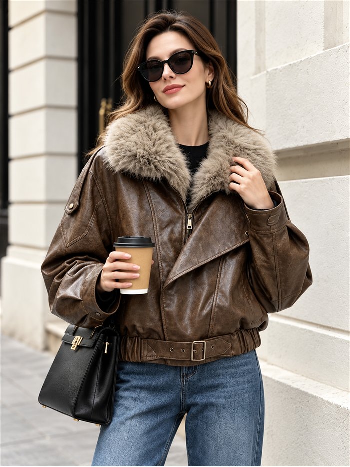Chaqueta efecto piel con cuello de pelo