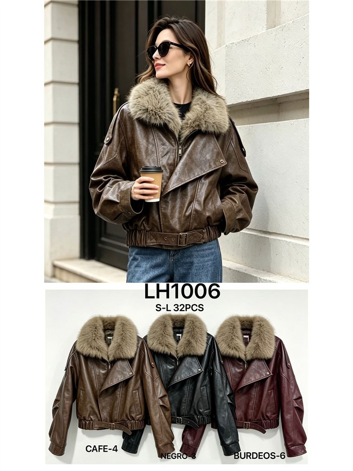 Chaqueta efecto piel con cuello de pelo