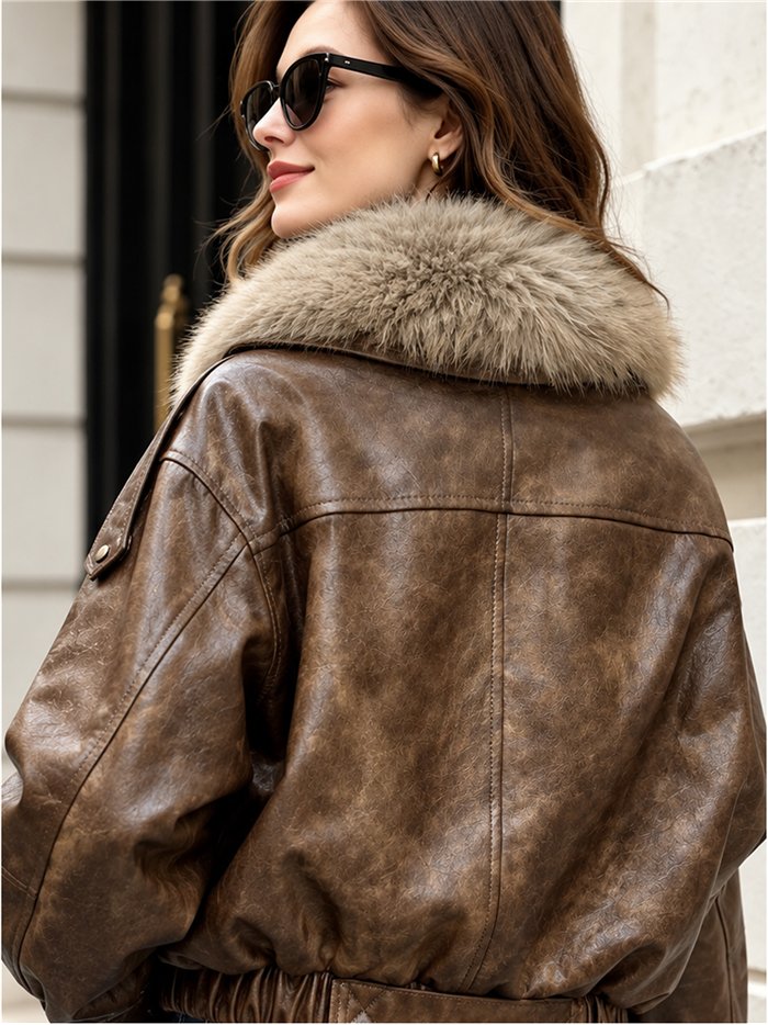 Chaqueta efecto piel con cuello de pelo
