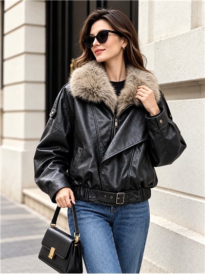 Chaqueta efecto piel con cuello de pelo