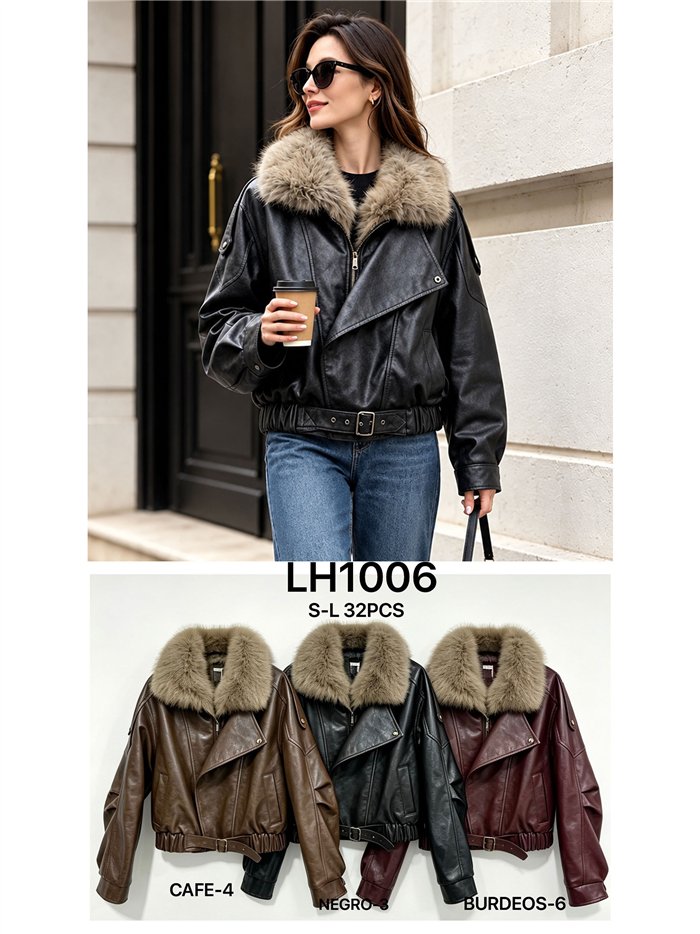 Chaqueta efecto piel con cuello de pelo