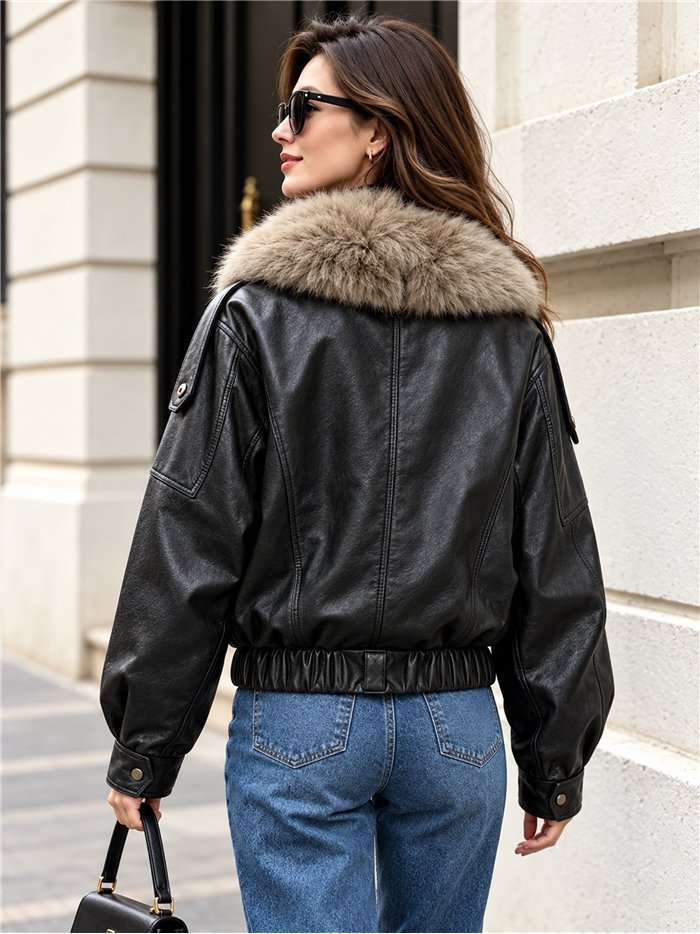 Chaqueta efecto piel con cuello de pelo