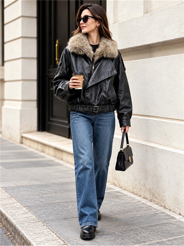 Chaqueta efecto piel con cuello de pelo