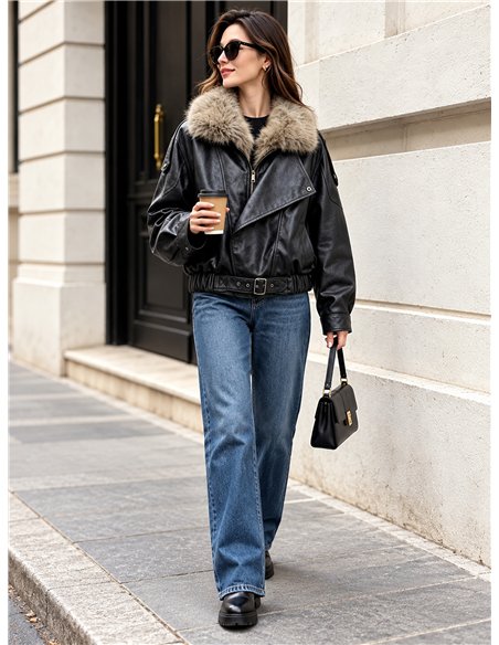 Chaqueta efecto piel con cuello de pelo