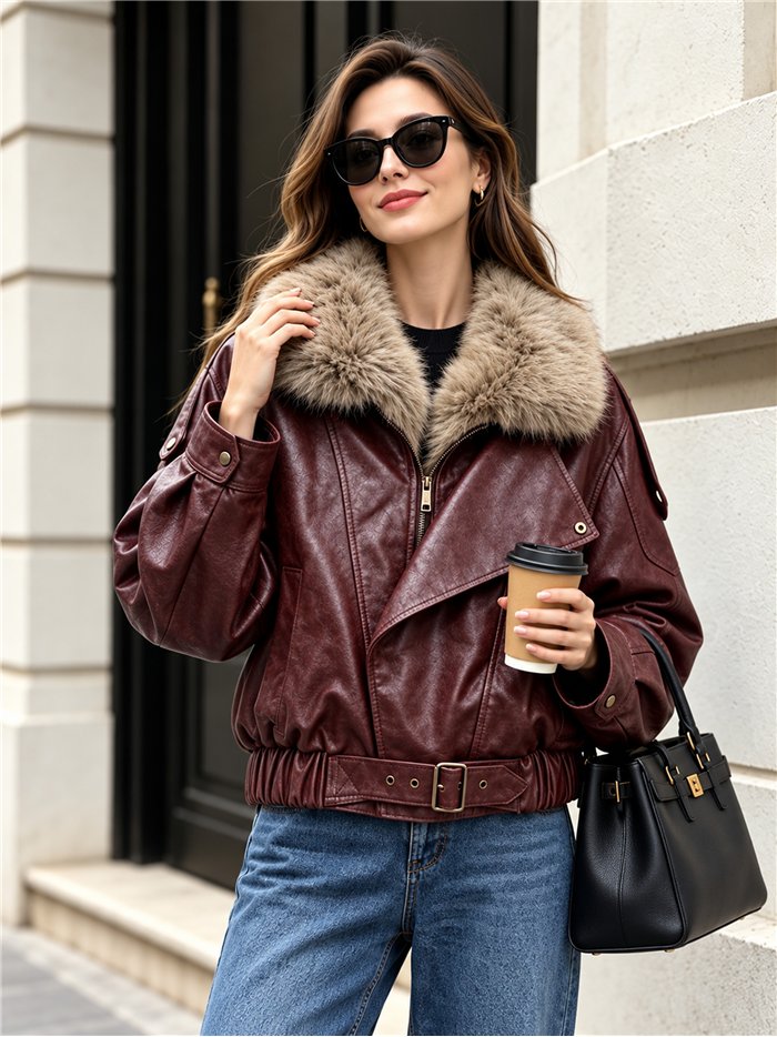 Chaqueta efecto piel con cuello de pelo