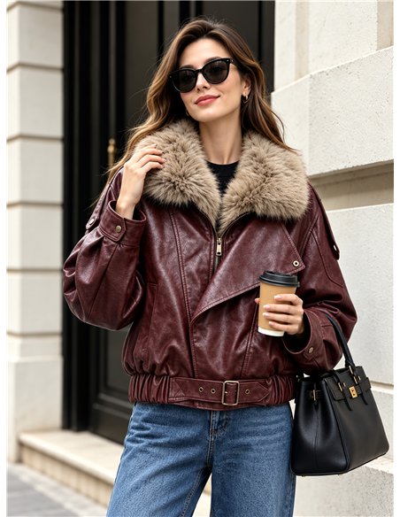 Chaqueta efecto piel con cuello de pelo