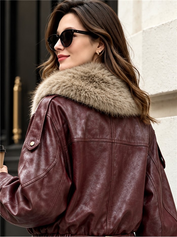 Chaqueta efecto piel con cuello de pelo