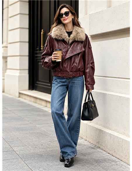 Chaqueta efecto piel con cuello de pelo