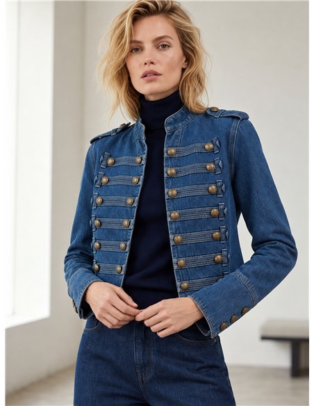 Giacca di jeans militare con bottoni