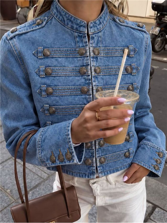 Giacca di jeans militare con bottoni