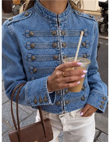 Giacca di jeans militare con bottoni