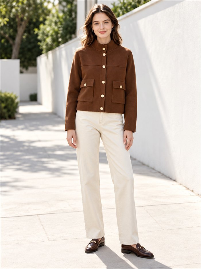 Gold button cropped knit jacket
