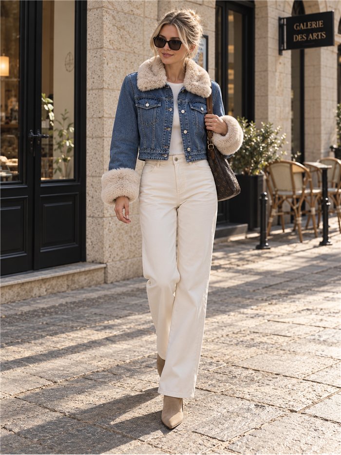 Chaqueta vaquera corta acolchada con pelo