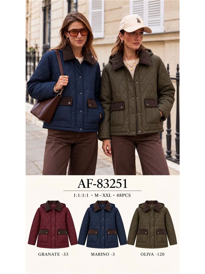Chaqueta acolchada de rombos cuello pana con capucha