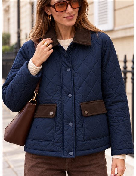Chaqueta acolchada de rombos cuello pana con capucha