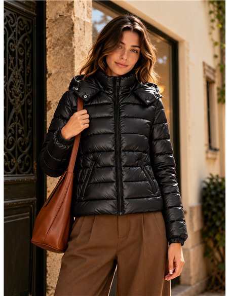 Glossy cropped puffer jacket with hood