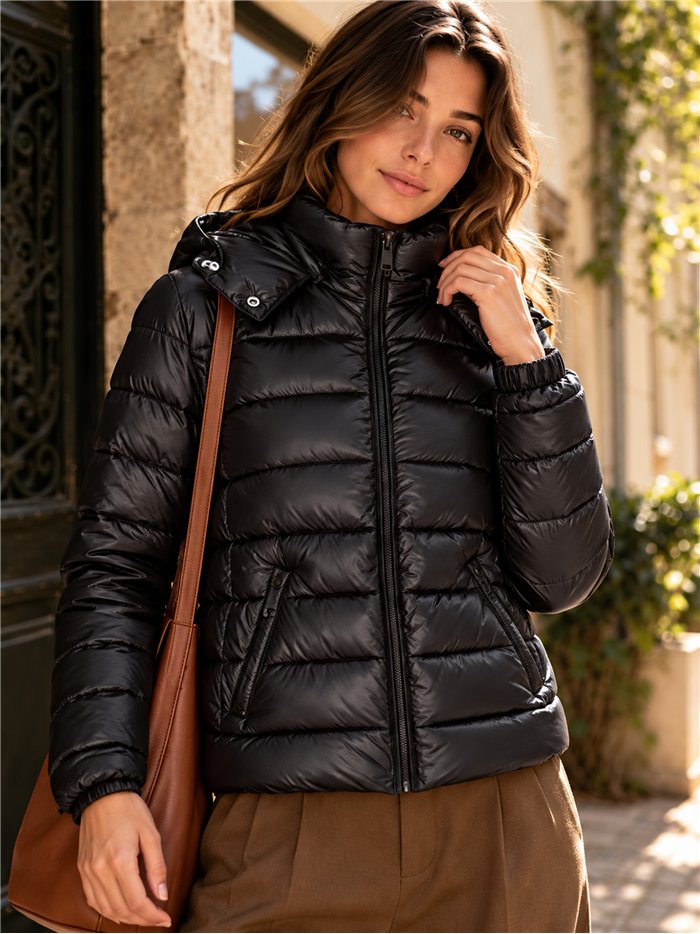 Glossy cropped puffer jacket with hood