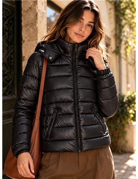 Glossy cropped puffer jacket with hood