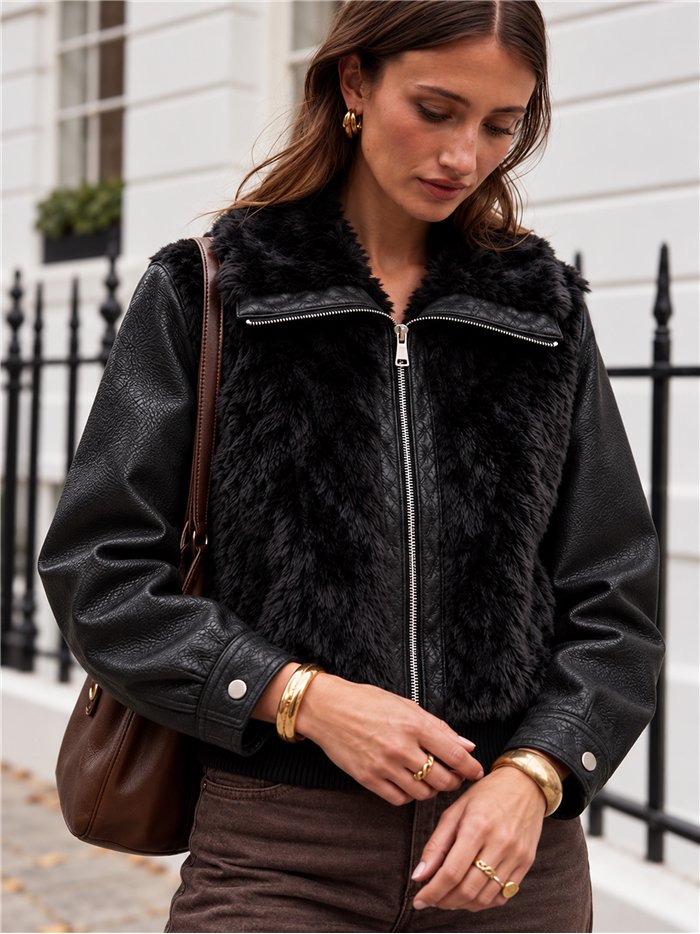 Chaqueta efecto piel con pelo
