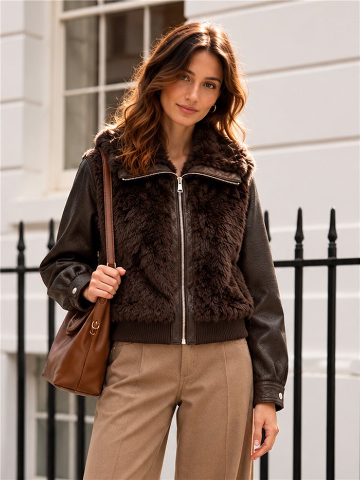 Faux fur and leather look jacket
