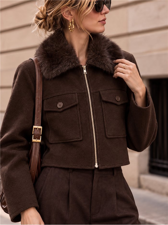 Chaqueta corta efecto paño con cuello de pelo