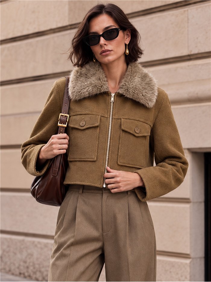 Chaqueta corta efecto paño con cuello de pelo