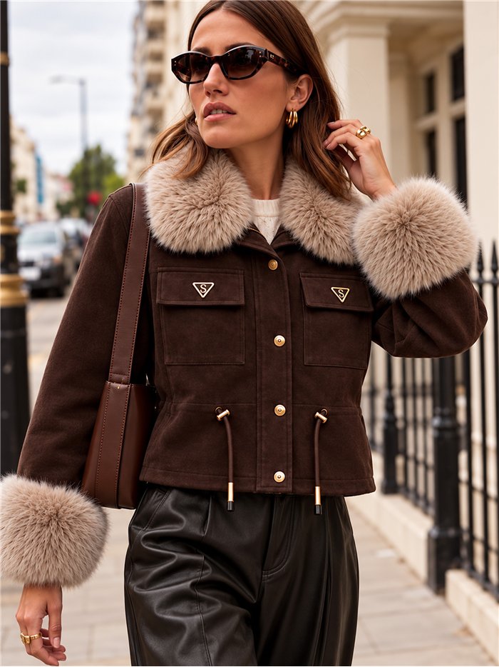 Chaqueta efecto piel con cuello y puños de pelo