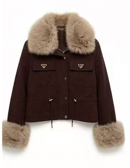 Chaqueta efecto piel con cuello y puños de pelo