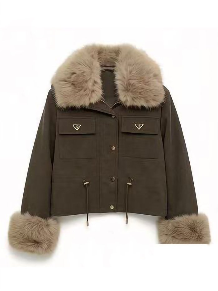 Chaqueta efecto piel con cuello y puños de pelo