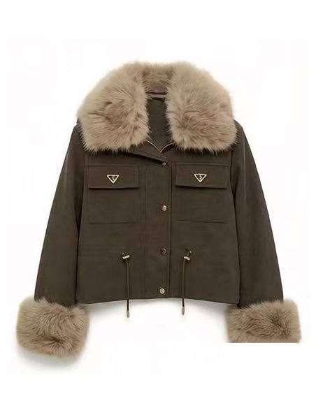 Chaqueta efecto piel con cuello y puños de pelo