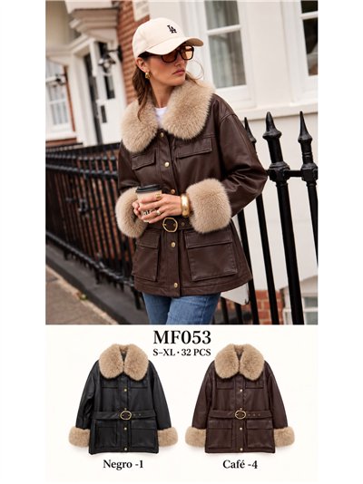 Chaqueta efecto piel con cinturón y pelo 2