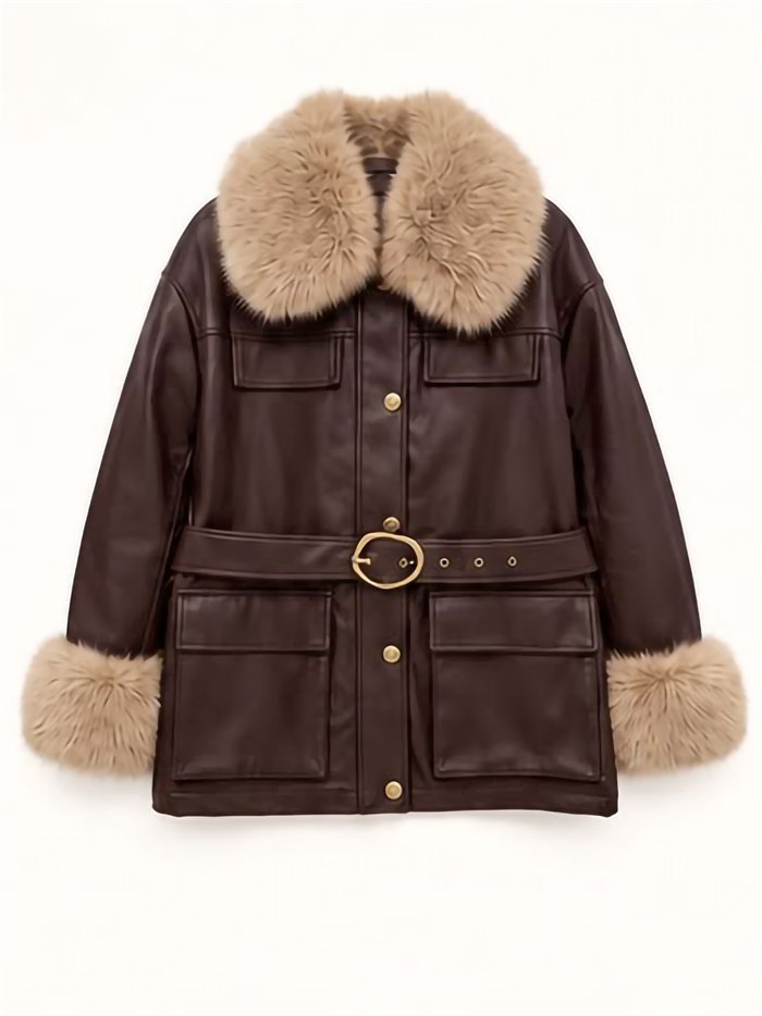 Chaqueta efecto piel con cinturón y pelo