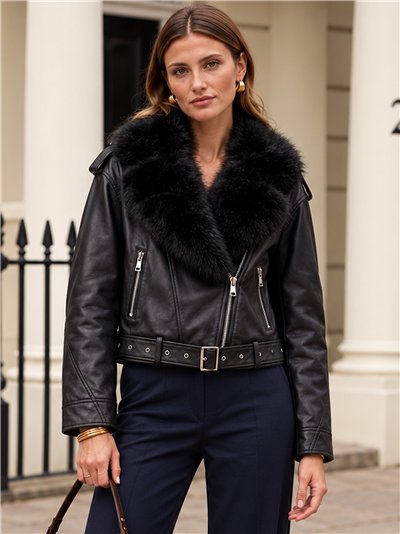 Chaqueta biker efecto piel con cuello de pelo