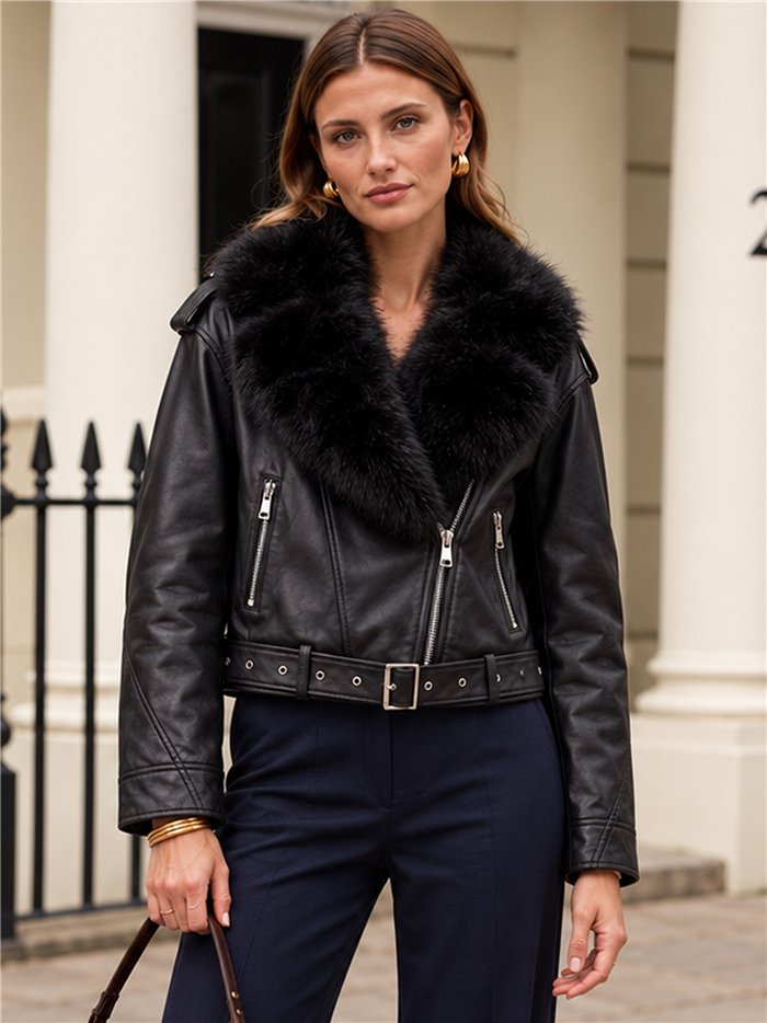 Chaqueta biker efecto piel con cuello de pelo